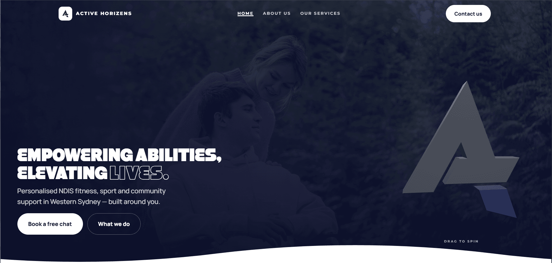 Active Horizens home page on desktop — the hero reads Empowering abilities, elevating lives, with the 3D A-mark on the right and a wave divider across the foot