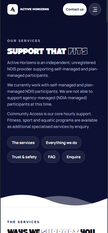 Active Horizens services page on a phone — Support that fits, with the unregistered-provider wording and the section chips
