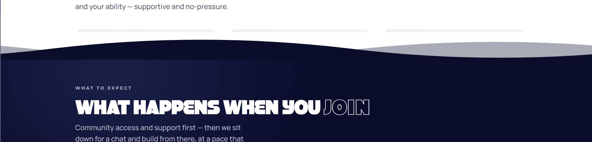 A wave divider on the live site — a white section above, the navy What happens when you join section below, with a grey shadow layer behind the crest
