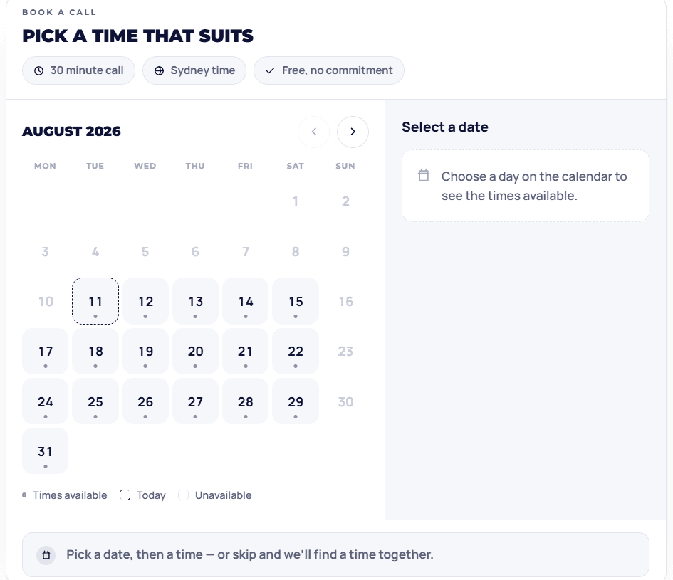 The booking calendar for August 2026 — Monday-first month grid with past days greyed out, today outlined in dashes, and availability dots under each bookable day