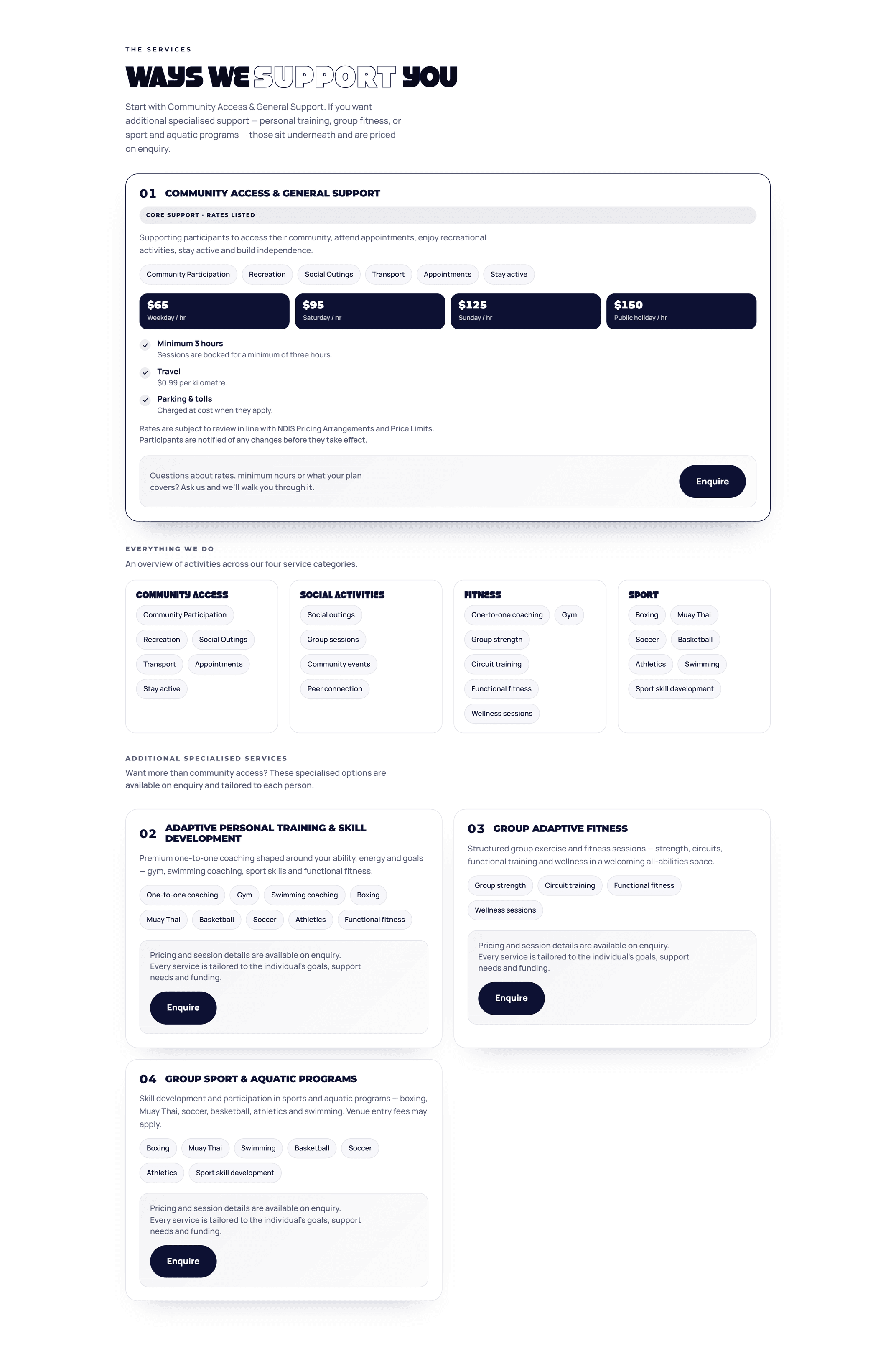 The Active Horizens services section — Community Access and General Support with weekday, Saturday, Sunday and public holiday rates, the four service categories, and three additional specialised services priced on enquiry