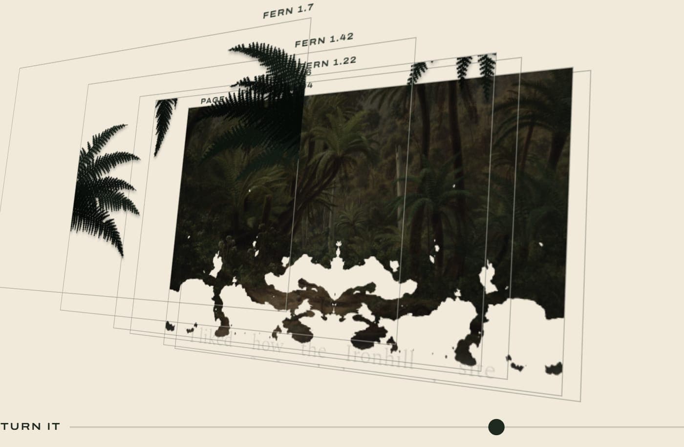 The opening taken apart into six sheets hung at different depths, with tabs naming each one and its speed