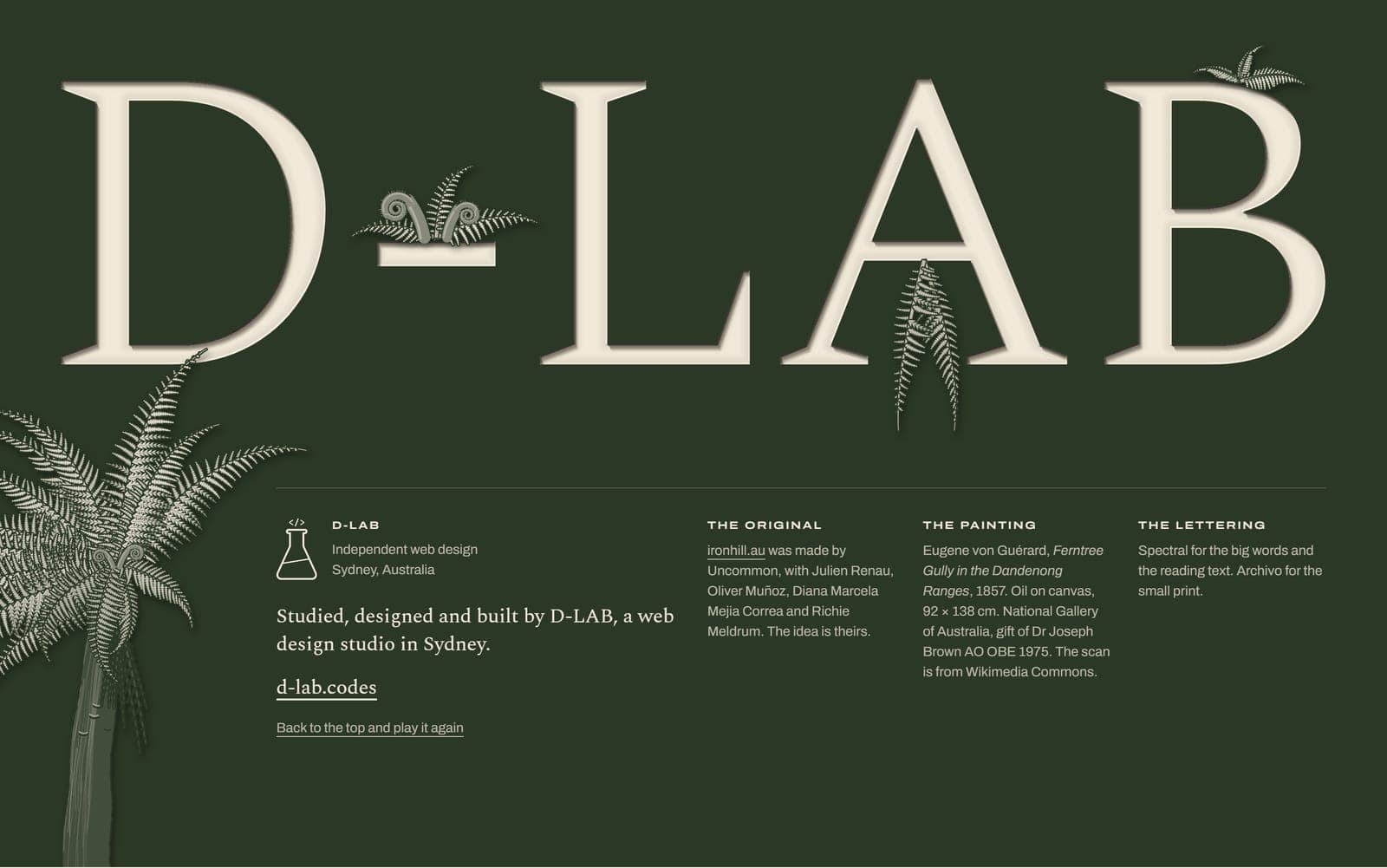 The study's footer: D-LAB cut into a fern-green ground, a tree fern in the margin, fiddleheads on the hyphen and fronds hanging through the A