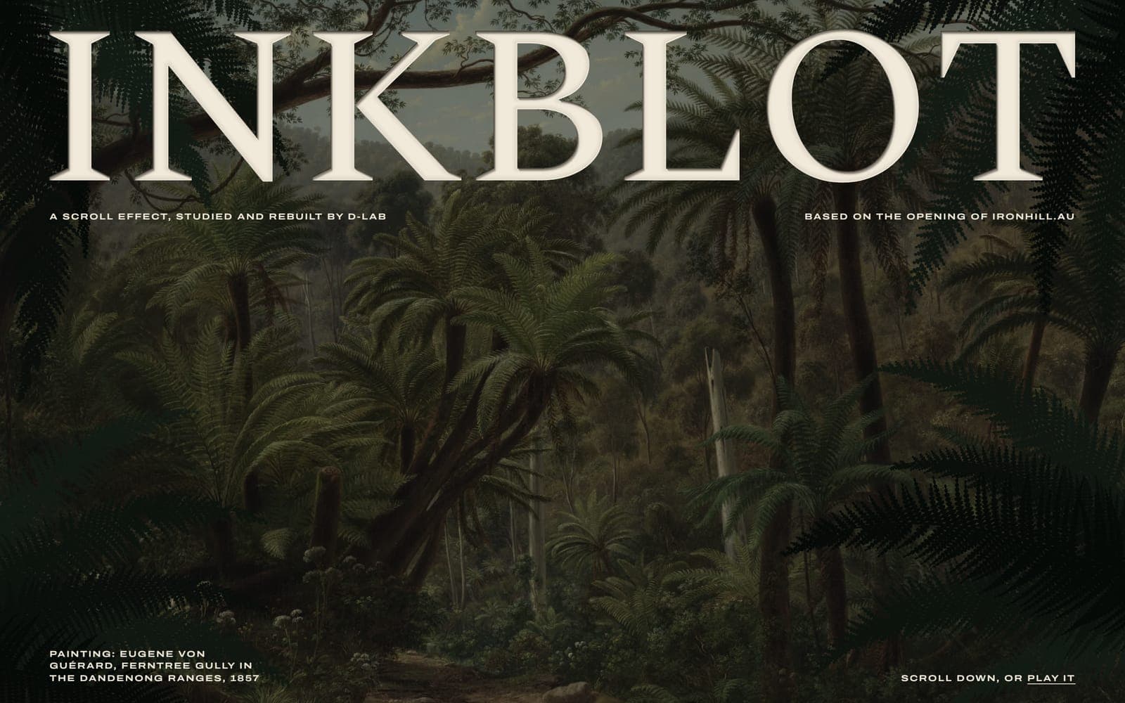 The Inkblot study at rest: the title INKBLOT cut into a dark painting of a fern gully, with fern cut-outs in the corners